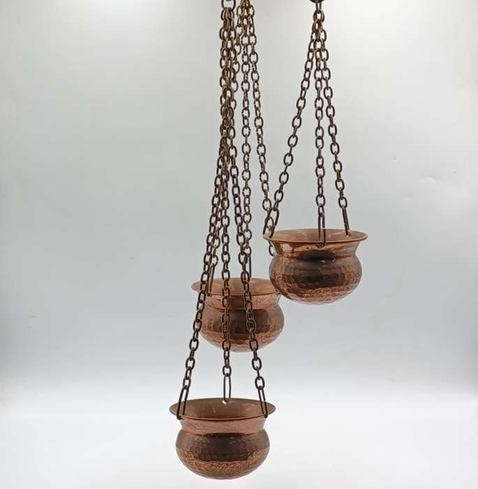 Set of 3 Antique copper flower pots with brass hook