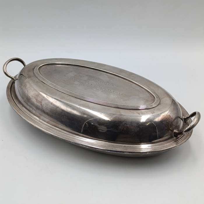Vintage Rhodesian silverplated serving bowl with lid given to Lt. Col. A.M Oscroft by The President