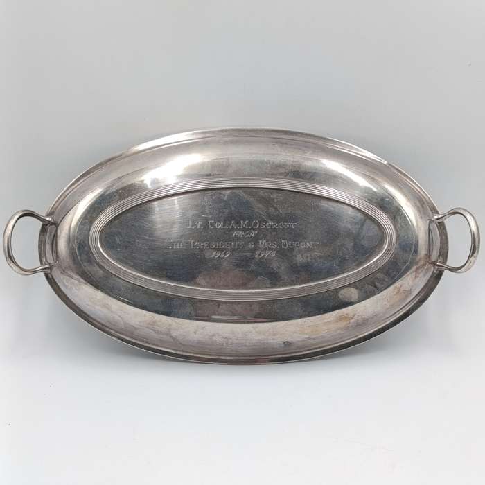 Vintage Rhodesian silverplated serving bowl with lid given to Lt. Col. A.M Oscroft by The President