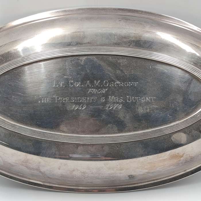 Vintage Rhodesian silverplated serving bowl with lid given to Lt. Col. A.M Oscroft by The President