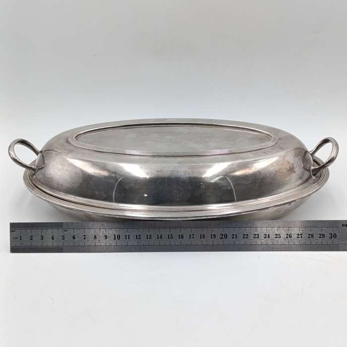 Vintage Rhodesian silverplated serving bowl with lid given to Lt. Col. A.M Oscroft by The President