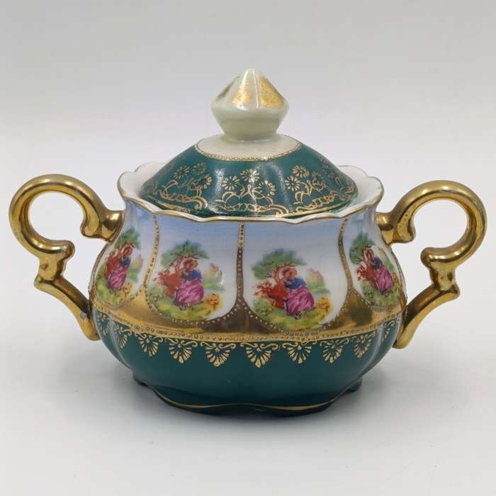Vintage Gold and Green Limoges style teapot, milk jug and sugar bowl