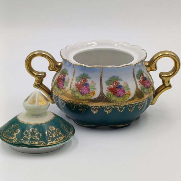 Vintage Gold and Green Limoges style teapot, milk jug and sugar bowl