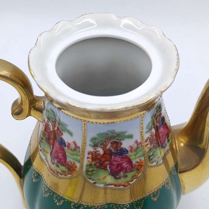 Vintage Gold and Green Limoges style teapot, milk jug and sugar bowl