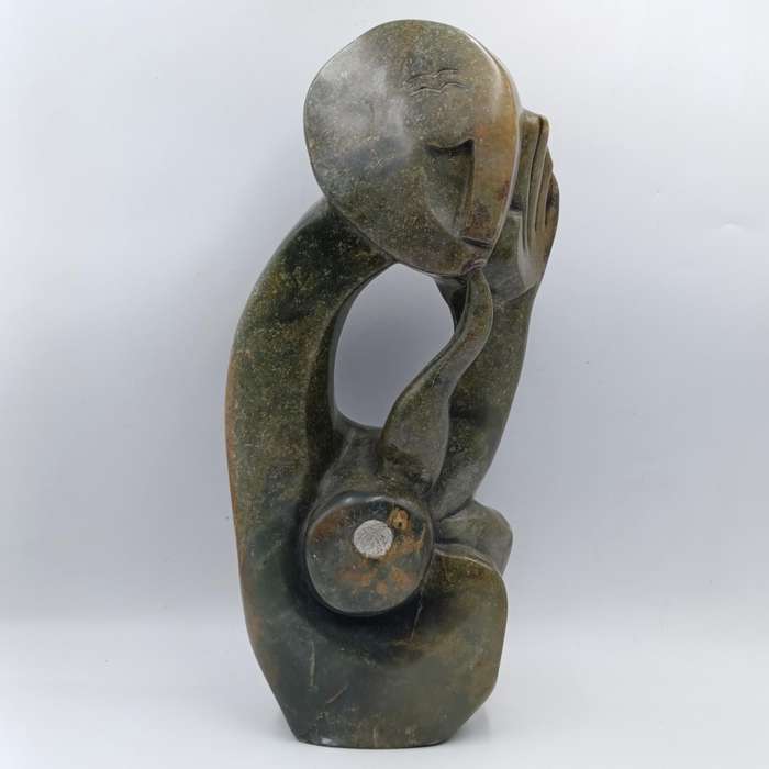 Vintage Green Opal stone African Piper sculpture - Height 39cm