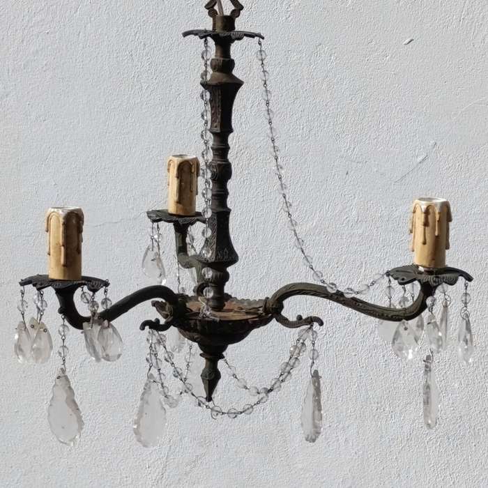 Vintage brass 3-arm crystal chandelier - Collection only