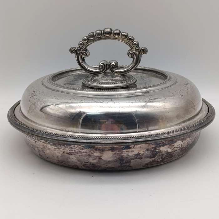 Antique Walker and Hall silverplated Britannica Metal serving dish with lid