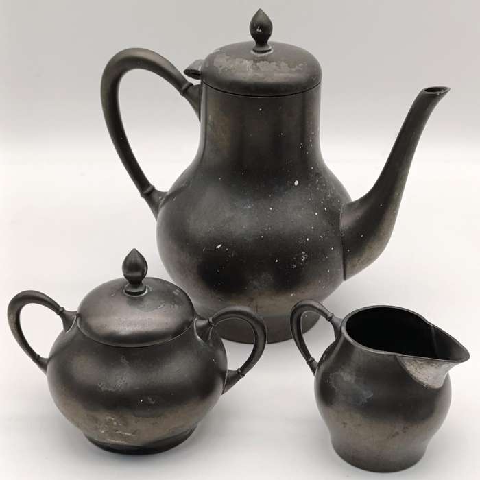 Vintage Metawa Holland Dutch pewter coffee set - Coffee pot, milk jug and sugar bowl