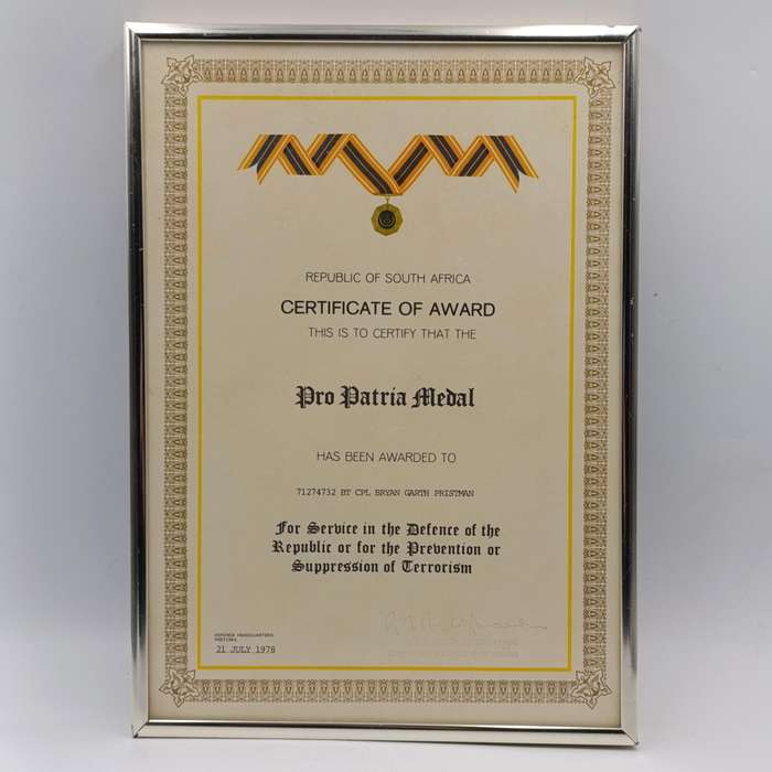 SADF Pro Patria medal #50356 with certificate issued to 71274732 BT Cpl Bryan Garth Pristman