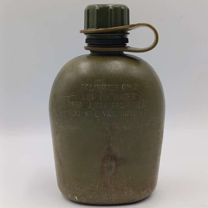 SADF water bottle with lid and firebucket in green material pouch and sling