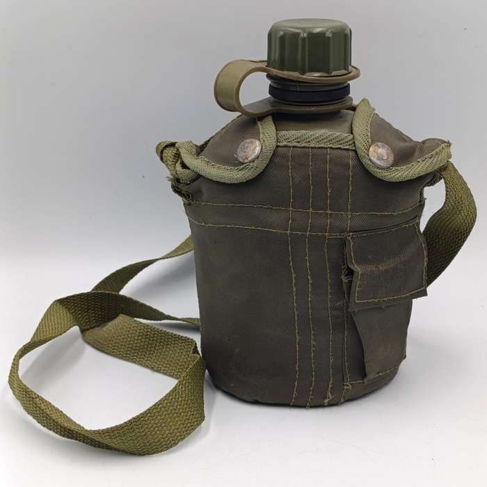 SADF water bottle with lid and firebucket in green material pouch and sling