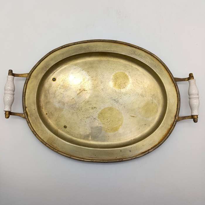 Vintage silverplated oval tray with porcelain handles