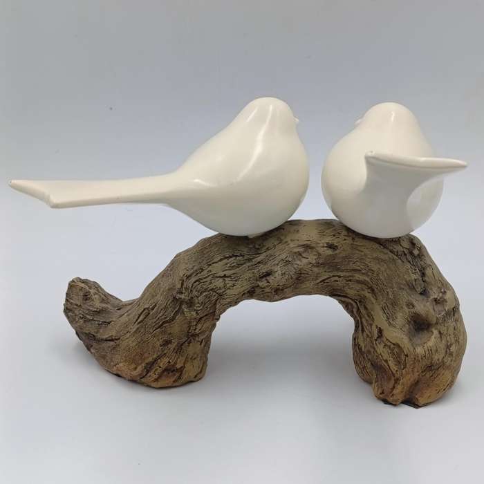 Beautiful birds on log figurine - polyresin