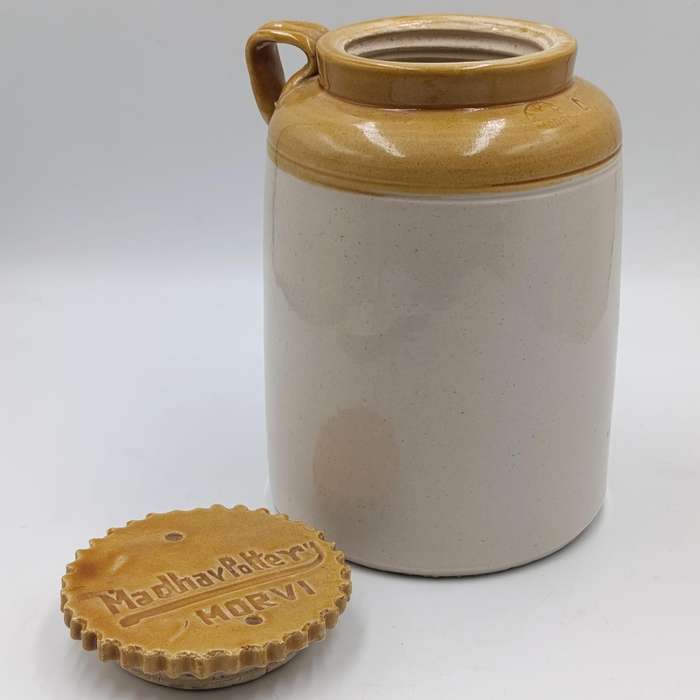 Vintage Indian Madhav Pottery stoneware screw lid jar