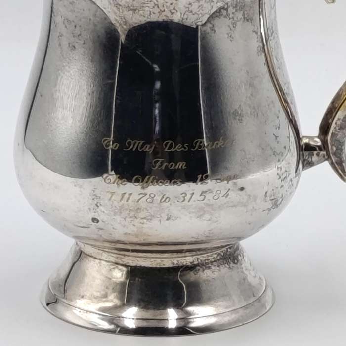Silverplated mug given to Major Des Barker from the officers of 12 Squadron 1978-1984