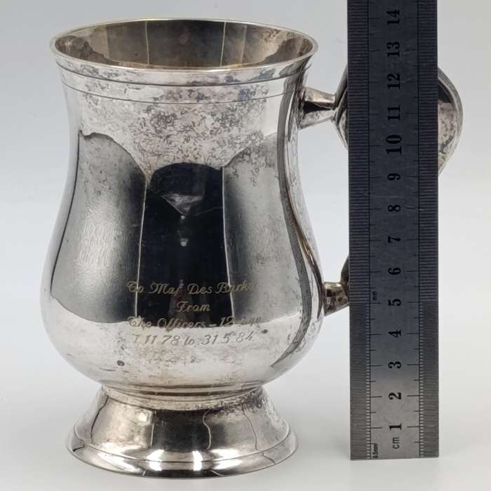 Silverplated mug given to Major Des Barker from the officers of 12 Squadron 1978-1984