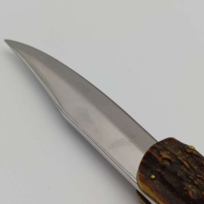 Vintage Anton Wingen Jr Stag horn folding hunting knife with leather pouch