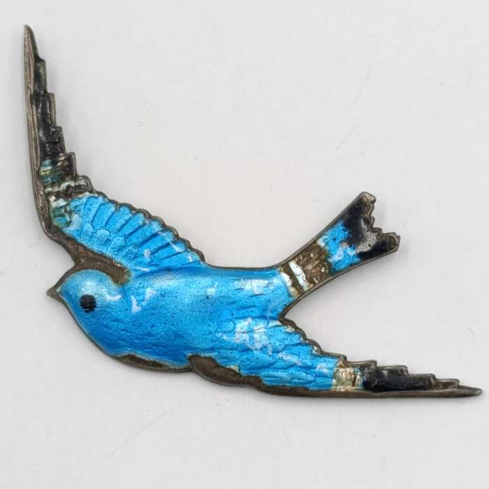Vintage sterling silver and Guilloche enamel blue bird brooch - no pin
