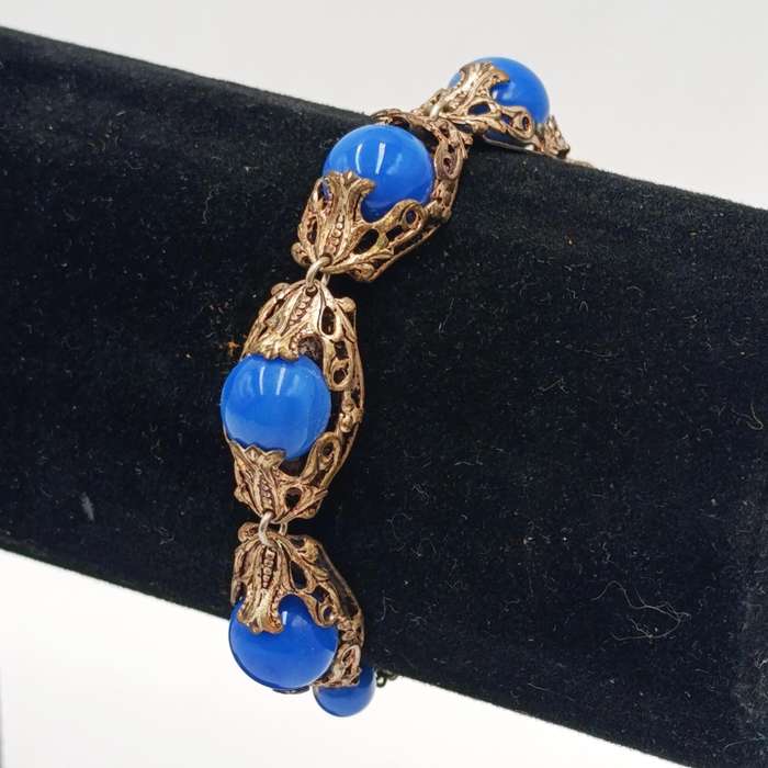 1926 CZECH arte deco bracelet and ring with blue stones - extra link