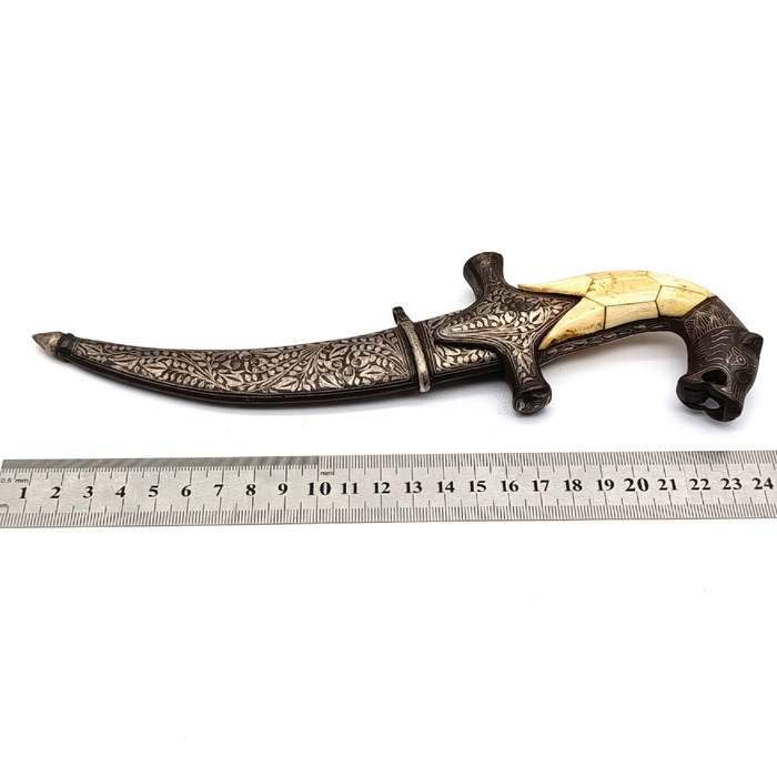 Vintage Indo-Persian damascus dagger with bone handle
