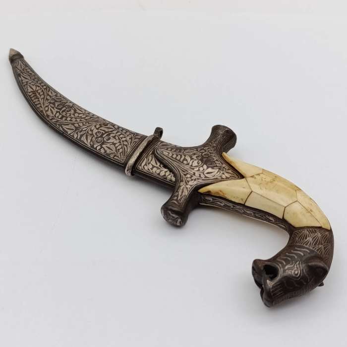 Vintage Indo-Persian damascus dagger with bone handle