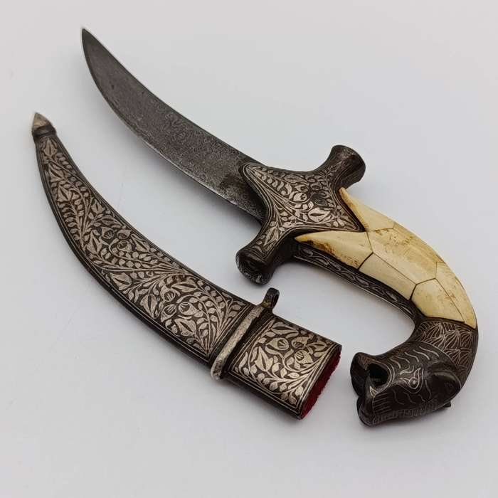 Vintage Indo-Persian damascus dagger with bone handle