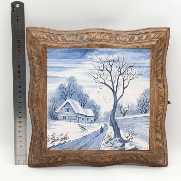 Vintage wooden trivet music box with blue and white hand painted tile