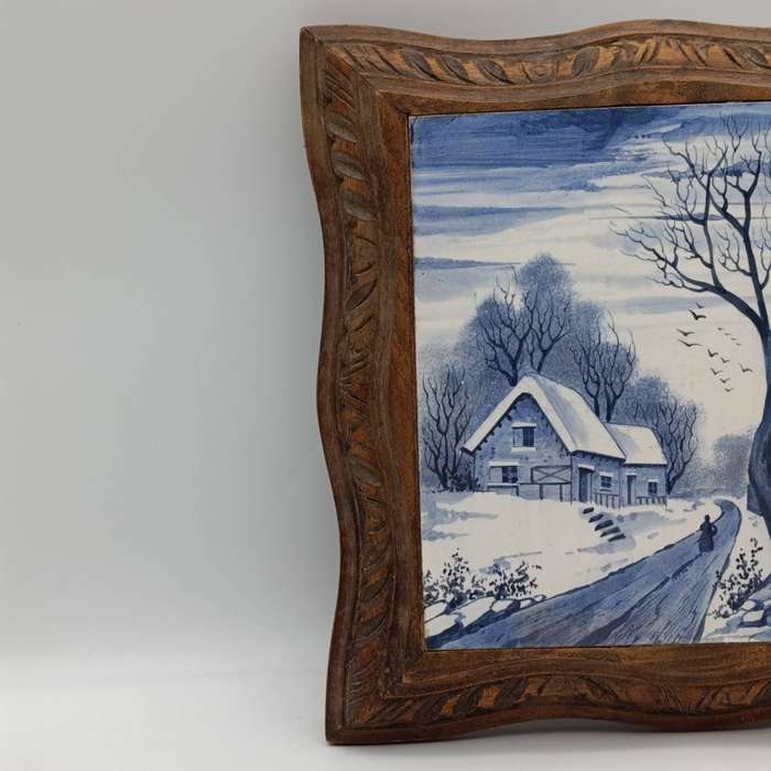 Vintage wooden trivet music box with blue and white hand painted tile