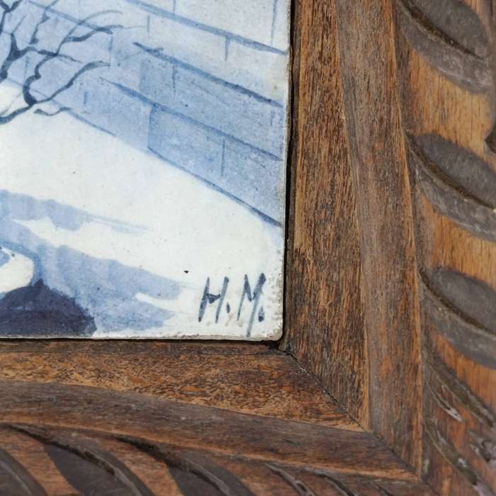 Vintage wooden trivet music box with blue and white hand painted tile