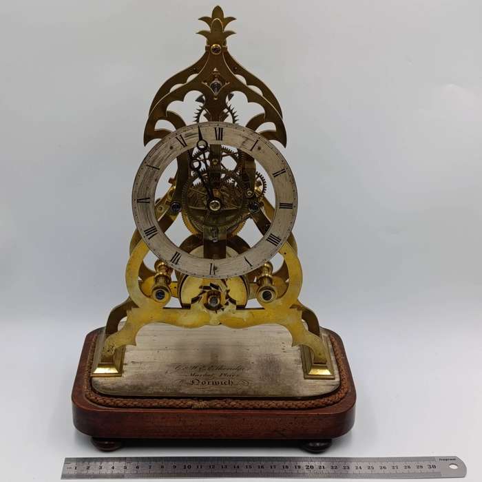 Antique G&WE Etheridge brass skeleton clock - runs and stops