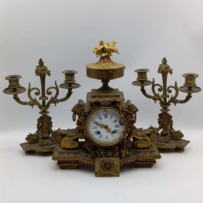 Antique French mantel clock with garniture candlesticks