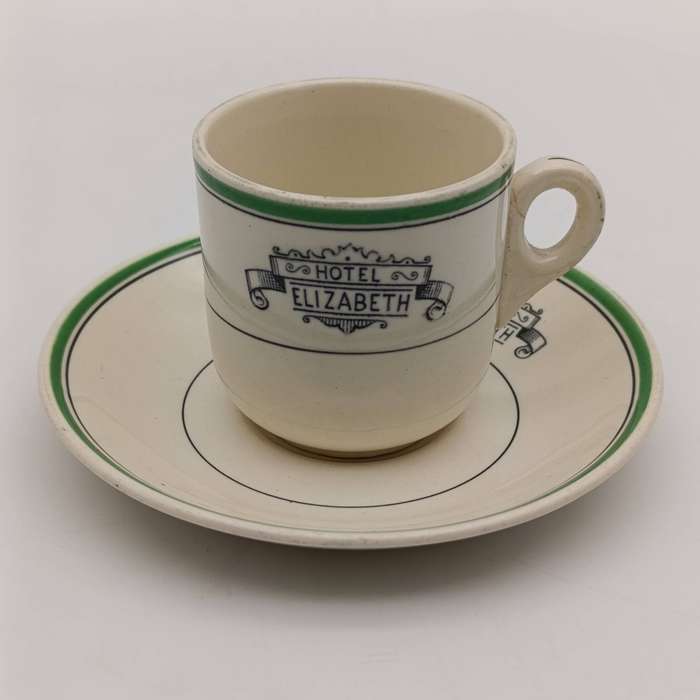 Vintage Hotel Elizabeth porcelain cup and saucer - crack on handle