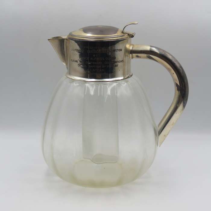 Vintage glass pitcher with silverplated top presented to SADF Chief of Staff Lieutenant - General J.