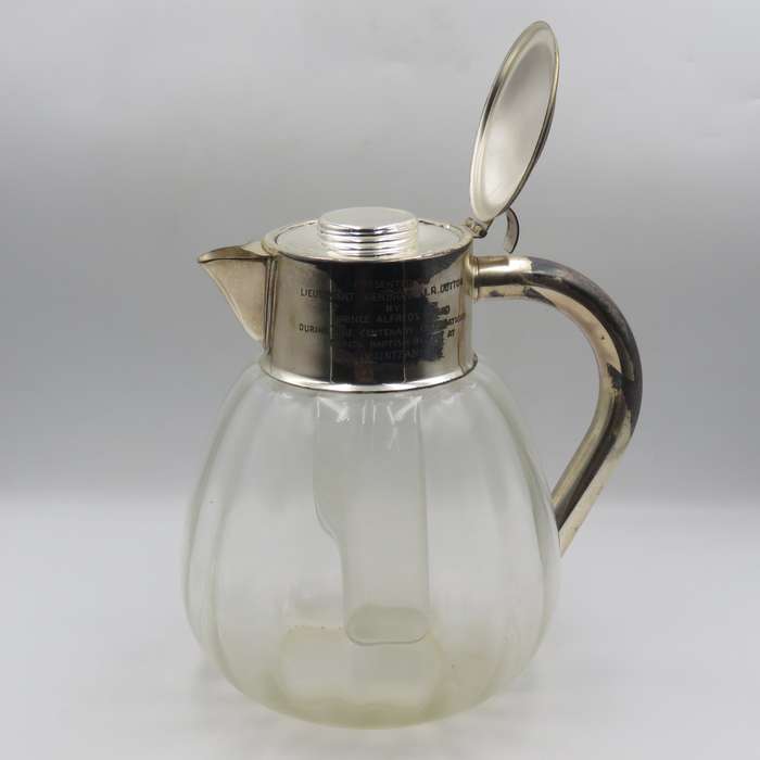 Vintage glass pitcher with silverplated top presented to SADF Chief of Staff Lieutenant - General J.
