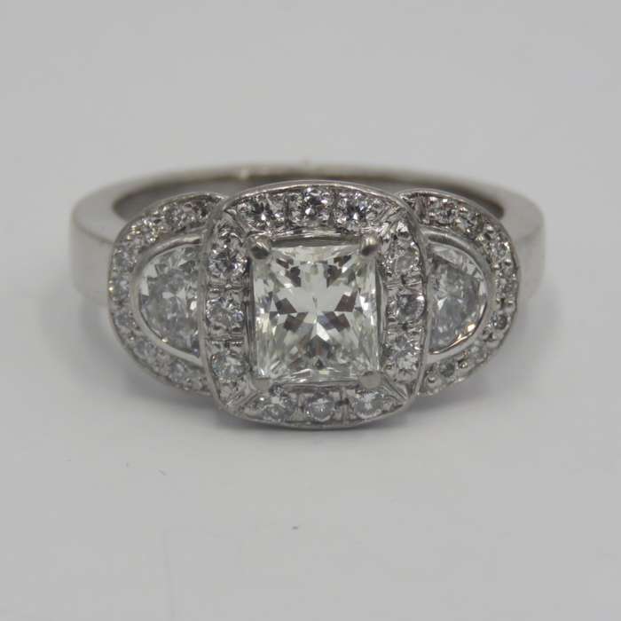 Bespoke 9kt white gold diamond ring with 1,09ct Princess cut diamond with 2 x colour D/E half moon