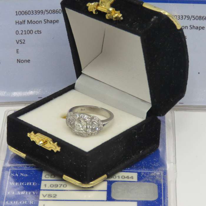 Bespoke 9kt white gold diamond ring with 1,09ct Princess cut diamond with 2 x colour D/E half moon