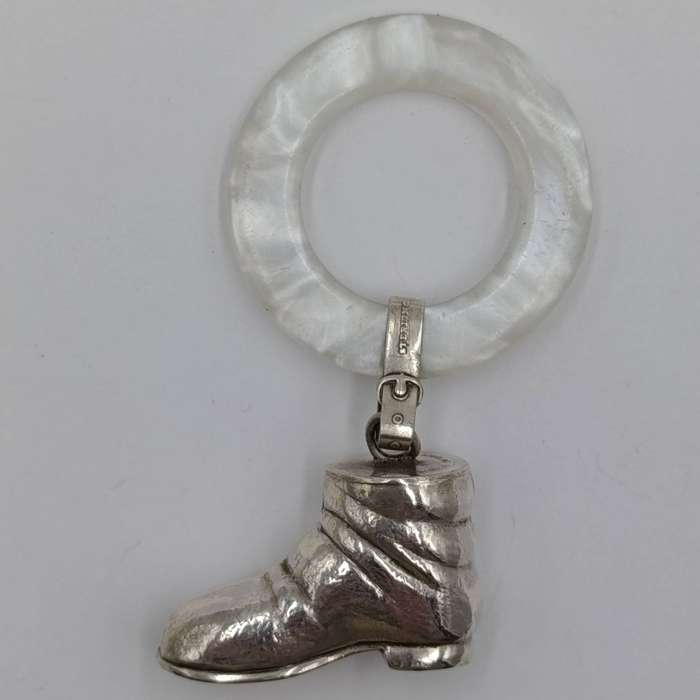 Vintage Tiffany and Co. Sterling silver baby rattle with mother of pearl teething ring