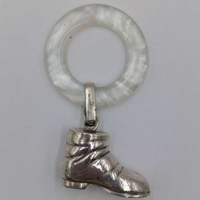 Vintage Tiffany and Co. Sterling silver baby rattle with mother of pearl teething ring