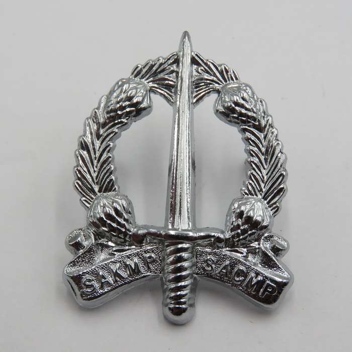 Lot of 2 different SA Corps of Military Police cap badges