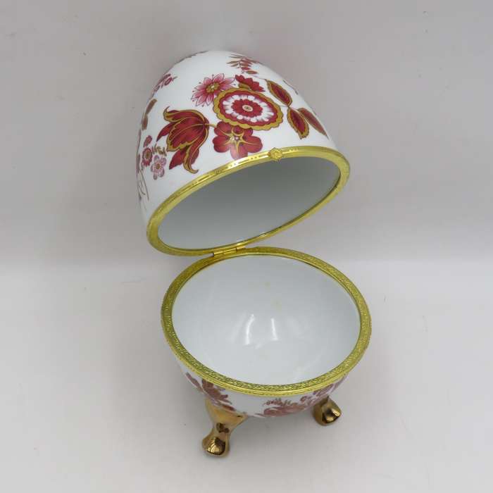 Vintage Hinged porcelain Jewellery / trinket egg on legs