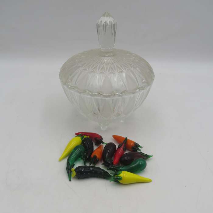 Vintage glass bowl with collection of mini glass vegetables - some has damage