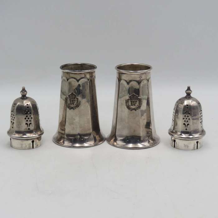 Pair of WW2 Royal Air Force silverplated sugar casters from officers mess in Singapore