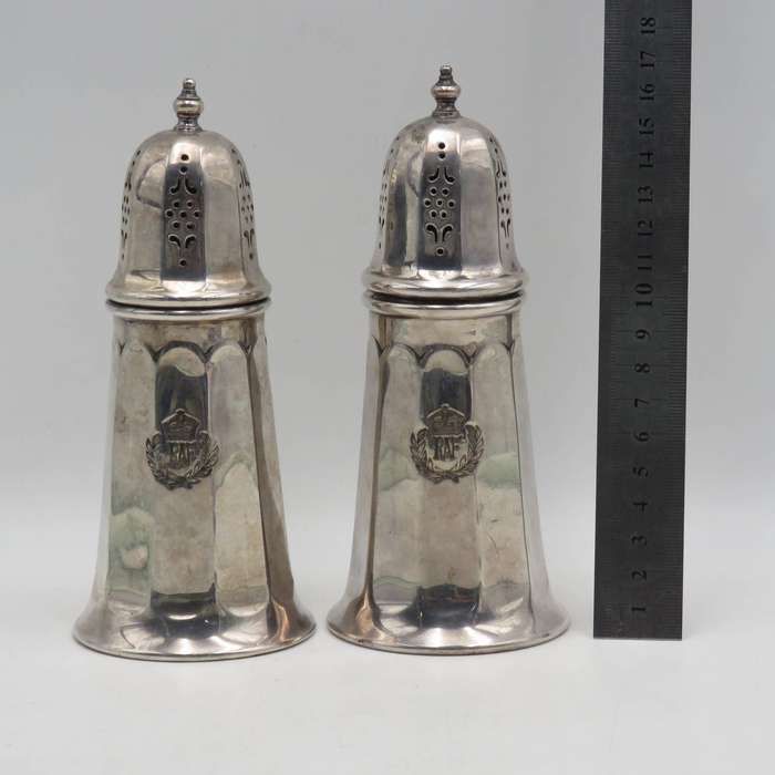 Pair of WW2 Royal Air Force silverplated sugar casters from officers mess in Singapore