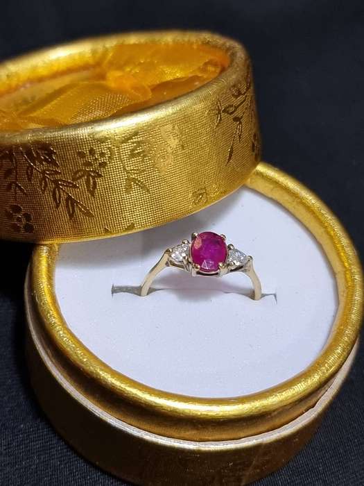 Ruby and Diamond Trilogy Engagement 9CT  Yellow Gold Ring.( Genuine Gold.)