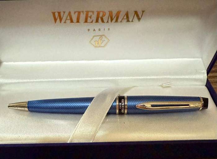 Waterman Expert Ballpoint Pen, metallic blue stripe pattern with Chrome Trim, Medium Tip, Blue Ink
