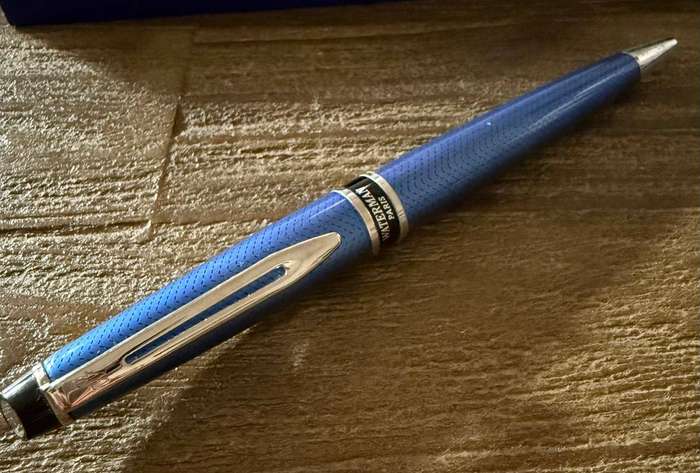 Waterman Expert Ballpoint Pen, metallic blue stripe pattern with Chrome Trim, Medium Tip, Blue Ink