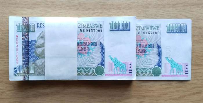 Zimbabwe 100 Consecutive number 1000 Dollars Bank Notes. Full Pack. (001-100)