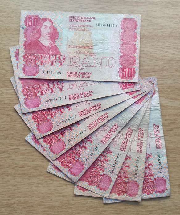 South Africa CL Stals Collection of 8 Old R50 Bank Notes. One bid takes all.