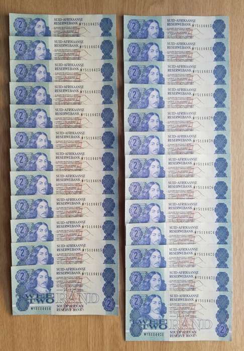Replacement South Africa 25 Consecutive number R2 Bank Notes. (WY401-WY425)