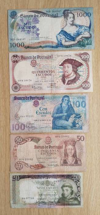 Portugal Collection of 5 Different Denomination Bank Notes.